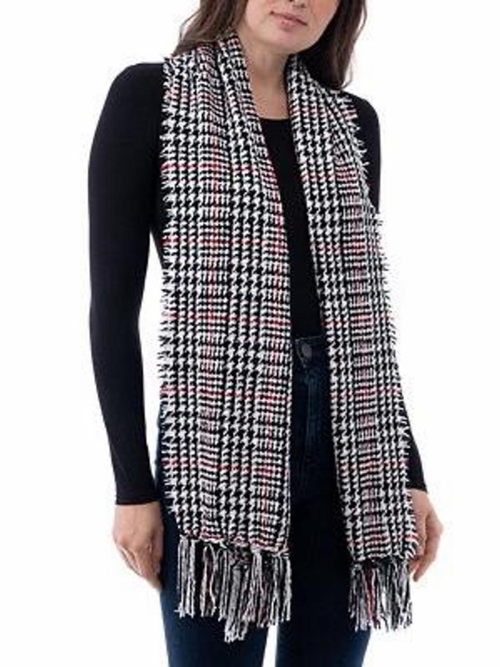 Style & Co. Black, White & Red Houndstooth Fringe Scarf